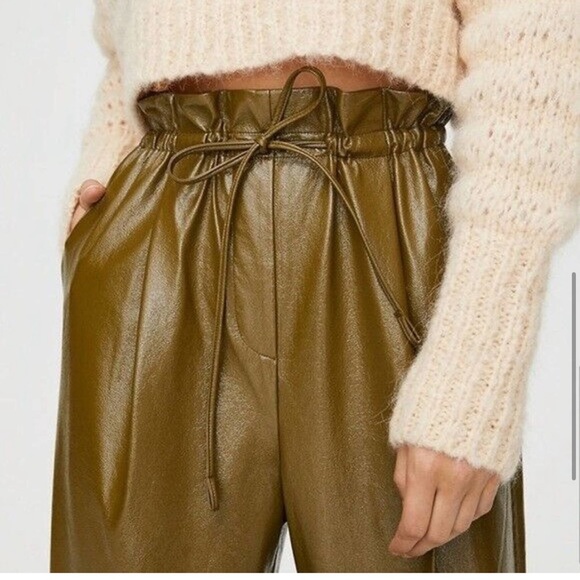 Wilfred Jive Pant Faux Leather Olive Green High Waist Paperbag Trouser - Picture 3 of 3